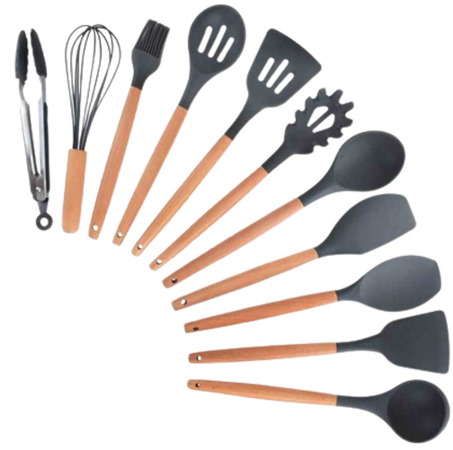 SET DE UTENSILIOS DE COCINA EN SILICONA Y BAMBÚ X12 PIEZAS