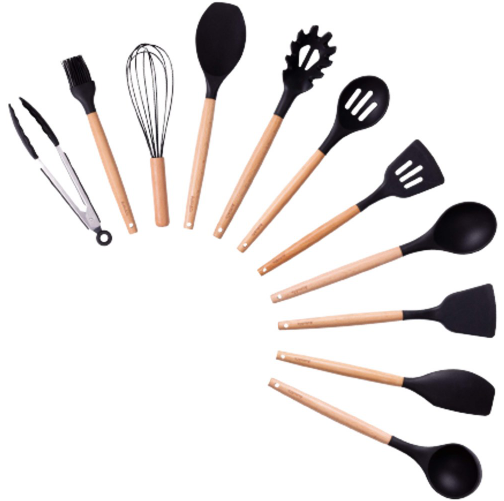 SET DE UTENSILIOS DE COCINA EN SILICONA Y BAMBÚ X12 PIEZAS