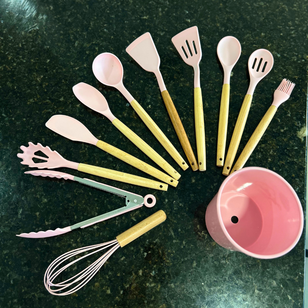 SET DE UTENSILIOS DE COCINA EN SILICONA Y BAMBÚ X12 PIEZAS