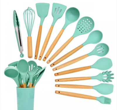 SET DE UTENSILIOS DE COCINA EN SILICONA Y BAMBÚ X12 PIEZAS